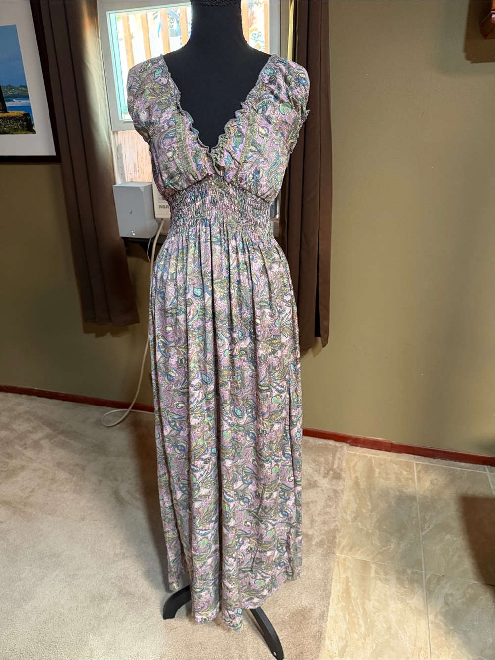 Smocked Waist Floral Maxi Dress - Pink Purple